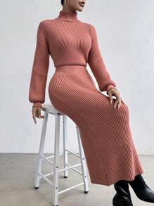 SHEIN Essnce High Neck Woolen Dress With Dropped Shoulder Sleeves - Dusty Pink - View 3