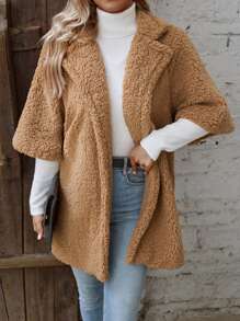 SHEIN LUNE 西裝領開門襟絨毛外套無毛衣 - 卡其色 - 查看 5