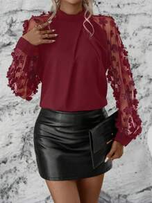 SHEIN LUNE Contrast Mesh Appliques Raglan Sleeve Mock Neck Blouse