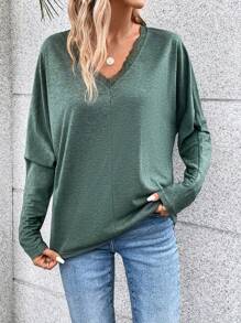 SHEIN Frenchy Viền Lace tương phản tay cánh Áo thun - màu xanh lá - Xem 4