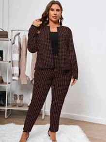SHEIN Clasi Hơn In Houndstooth Mở Mặt trước Áo khoác & Quần - màu nâu - Xem 3