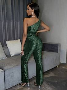 SHEIN VaVaLuxe Mono de un hombro pierna amplia - Verde - Ver 2