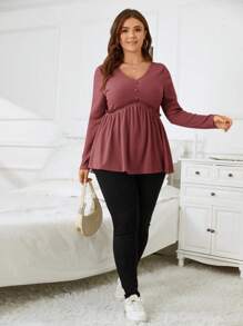 SHEIN LUNE Hơn Lá sen tỉa Nút phía trước Xoay eo Áo thun - Gỗ đỏ - Xem 3