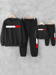 Men Contrast Panel Thermal Lined Sweatshirt & Drawstring Waist Sweatpants - Black - View 3