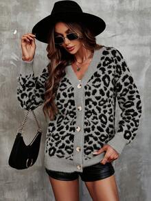 SHEIN Frenchy Leopard Print Button Up Cardigan Sweater - Grey - View 4