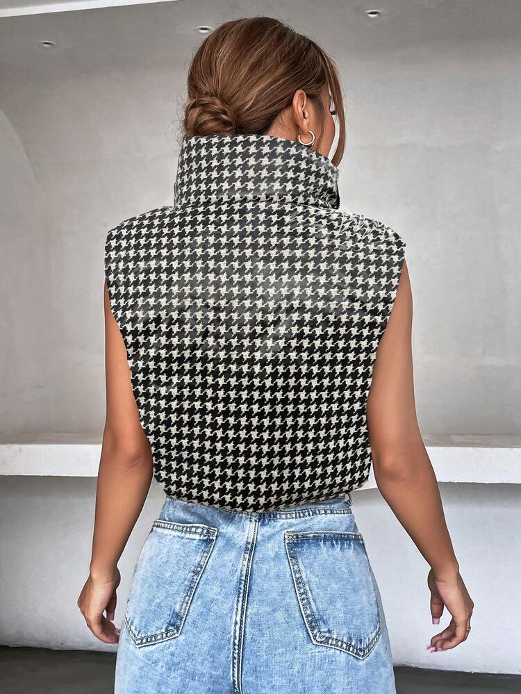 Houndstooth Print Zip Up Crop Vest Padded Padded Coat Clothes Winter