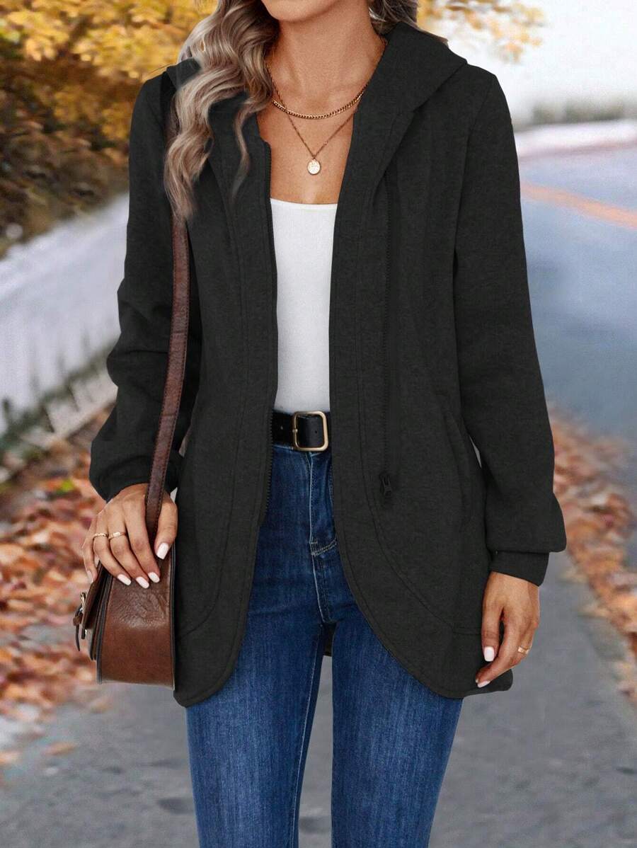 SHEIN LUNE 實色斜口袋連帽衫 - 黑色 - 查看 1