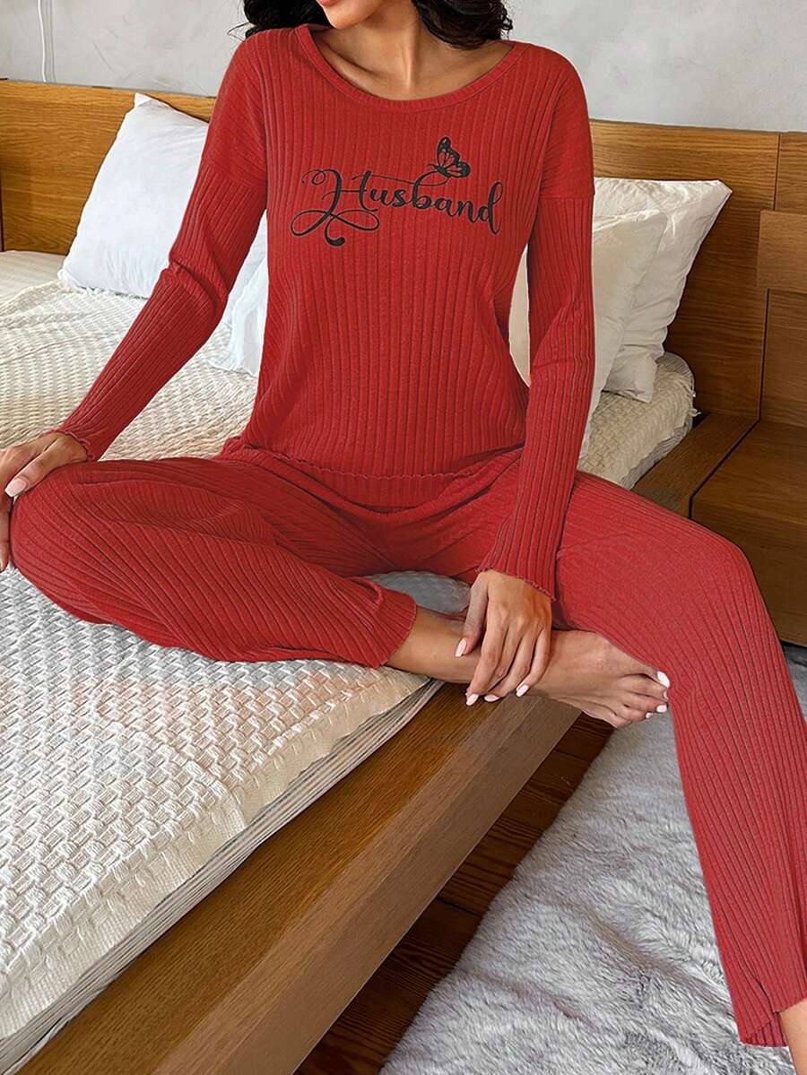 RueChic Quý cô Sọc Sọc Nhà  Quần áo Bộ Với In - Đỏ - Xem 1