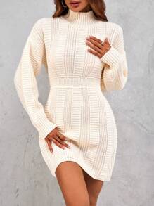 SHEIN Clasi Mock Neck Drop Shoulder Sweater Dress Fall Cloth For Women - Apricot - View 3