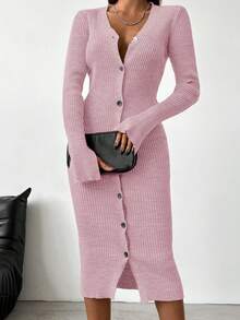 SHEIN Màu thuần Cổ chữ V Đồ đan Ribbed Đầm Áo len Với Mặt trước - Hồng - Xem 3