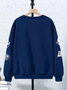 SHEIN Thiếu niên con trai Đồ họa Chữ cái Thả vai Áo nỉ - Màu xanh hải quân - Xem 2