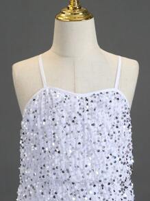 女童闪亮美人鱼风格及地长裙，带荷叶边下摆，适合演出、婚礼、派对和生日 - 白色 - 查看 4