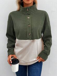 SHEIN LUNE 雙色半排扣落肩袖運動衫 - 軍綠色 - 查看 1