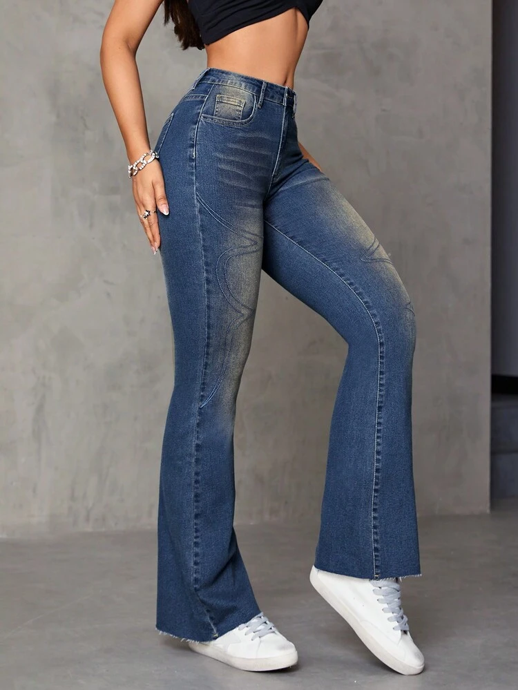 Embroidered Vintage Washed Flare Jeans