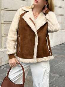 Muchica 女泰迪毛皮拼接插肩袖翻領夾克 - 棕色 - 查看 3