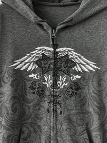 ROMWE Fairycore Có cánh In Dây rút Hoodie - Xám - Xem 4