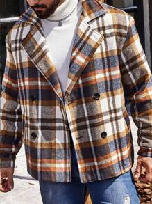 Manfinity Homme Loose Fit Men's Plaid Double Breasted Overcoat - Multicolor - View 1