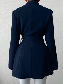 SHEIN Cottnline Women's Solid Color Lapel Collar Belted Suit Jacket - Navy Blue - View 2