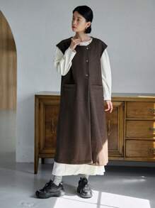 FRIFUL 双口袋纽扣前无袖背心外套女式夹克，秋季女装 - 咖啡棕 - 查看 6