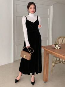 DAZY Solid Velvet Cami Dress Without Tee Fall,Winter - Black - View 3