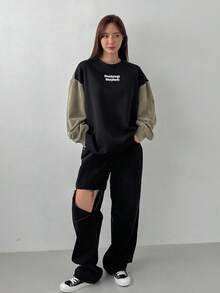 DAZY In thư Vá lại Thả vai Tay áo Áo nỉ - màu đen - Xem 5