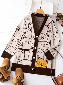 Calvaya Hơn Hình con mèo Viền tương phản Áo len Mở - Nhiều màu - Xem 4