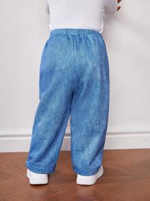 SHEIN 嬰兒女生休閒心形印花彈性腰長褲 - 藍色 - 查看 2