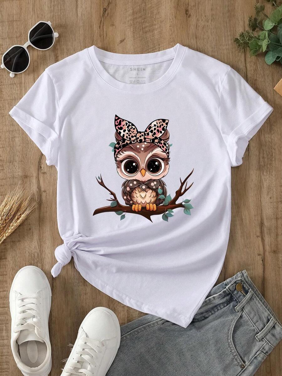 INAWLY Cartoon Owl Print Tee Graphic Tees Women Tops - White - View 1
