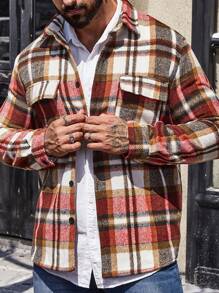 Manfinity Homme Men Plaid Print Flap Pocket Button Up Overcoat - Red - View 3