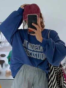 DAZY Letter Print Drop Shoulder Sweatshirt - Royal Blue - View 8