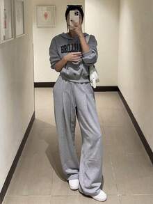 DAZY Letter Graphic Drop Shoulder Hoodie & Drawstring Waist Sweatpants - Grey - View 7