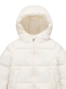 SHEIN Young Girl Slant Pockets Hooded Padded Coat - Beige - View 3