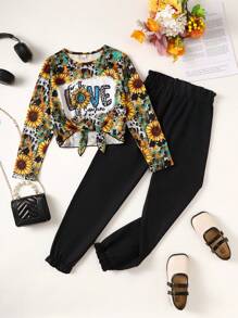 Girls' Floral & Letter Print Tie Front T-Shirt And Long Pants 2pcs Set - Black - View 1