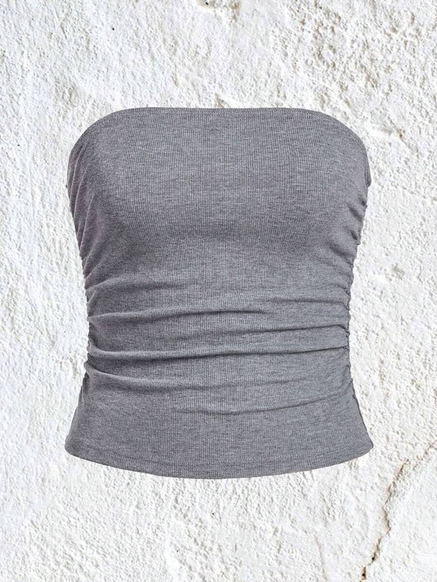 SHEIN EZwear Summer  Outfits Solid Ruched Side Tube Top