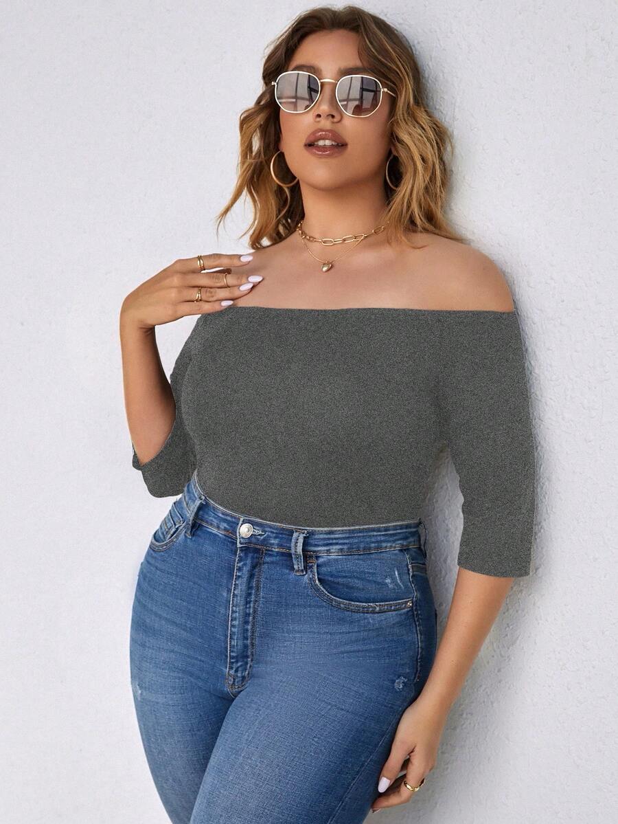 Calvaya Hơn Off Shoulder Áo phông trơn - Màu xám đen - Xem 1