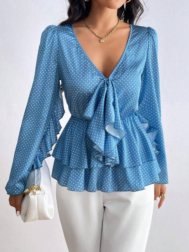 Ladies' Polka Dot Print Lace Trimmed Shirt