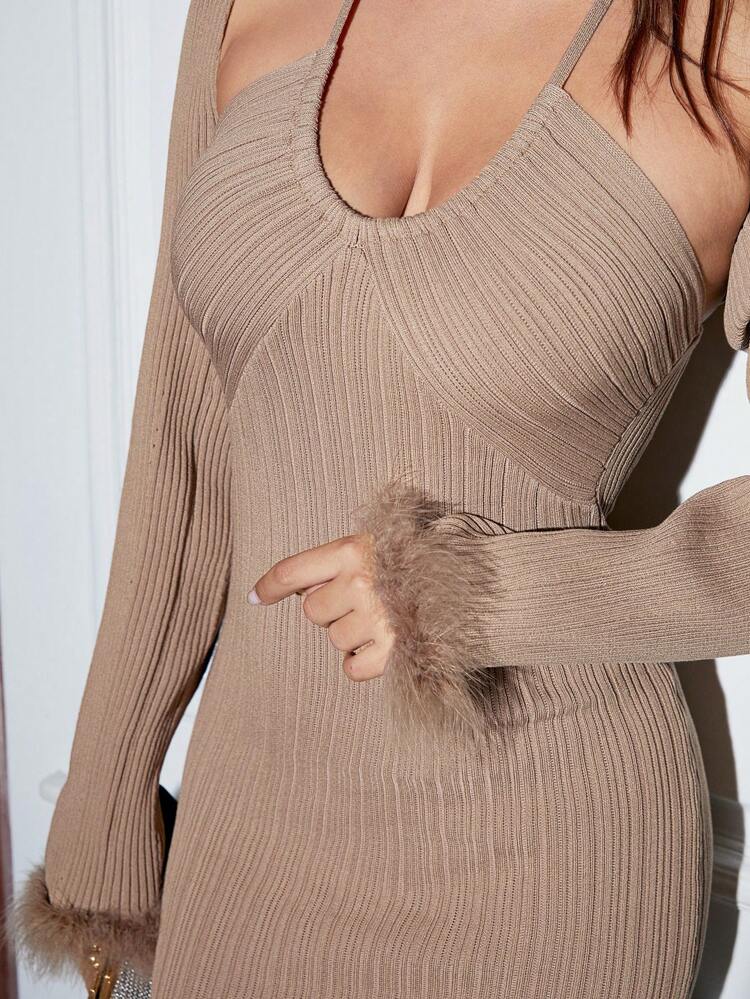 Ribbed Knit Bodycon Halter Dress With Fuzzy Cuff Bolero