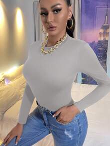 SHEIN SXY 素色小高領修身T恤緊身連衣褲 - 灰色 - 查看 4