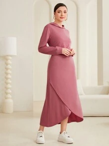 Mulvari Màu thuần áo có mũ Bao bên Đầm nỉ - Màu Hồng Tươi - Xem 6