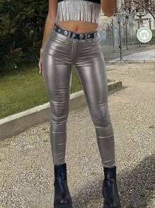 Apperloth A High Waist Warm Lining PU Leather Skinny 7/8 Pants, Punk Music Festival - Dark Grey - View 5