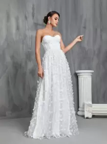 貼花細節網紗抹胸婚紗連衣裙 - 白色 - 查看 3