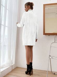 EURMUSE High Neck Drop Shoulder Sweater Dress Without Belt - White - View 3