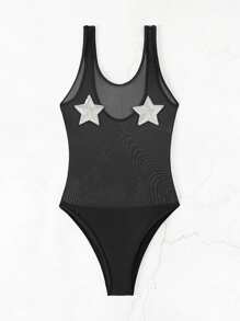 SHEIN Swim Đồ bơi một mảnh Với Hình sao - màu đen - Xem 6
