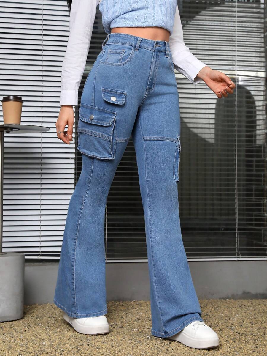 SHEIN EZwear Flap Pocket Flare Leg Cargo Jeans - Medium Wash - View 1