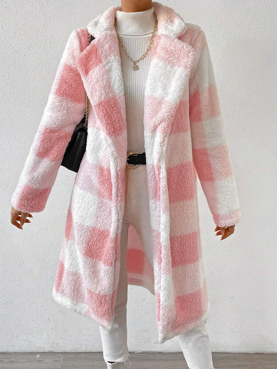 SHEIN Privé 格紋印花西裝領法蘭絨外套 - 粉色 - 查看 1