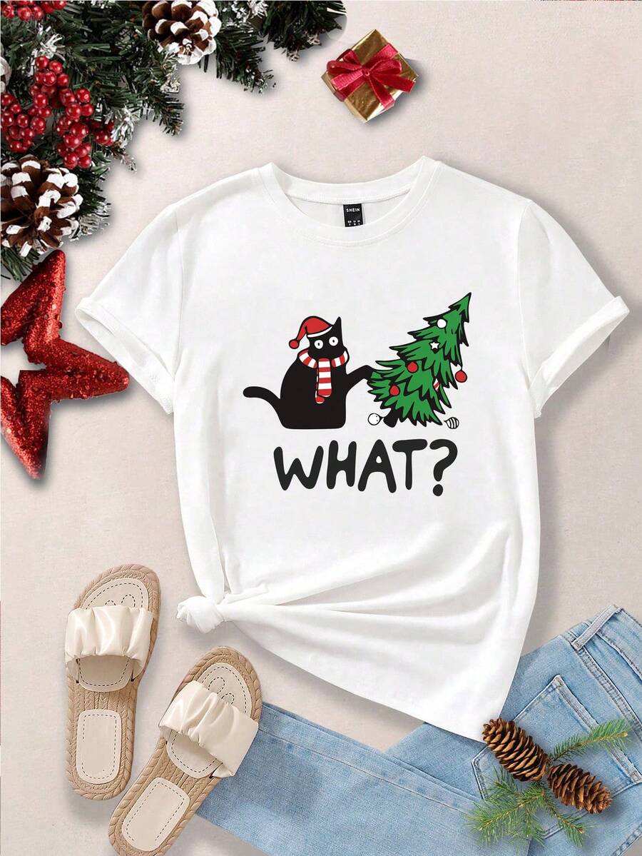 SHEIN LUNE Christmas Print Tee - White - View 1