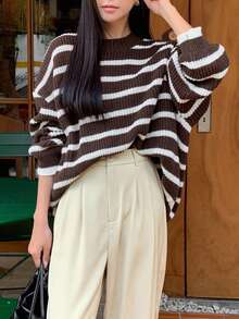 DAZY 女式圓領條紋放肩毛衣 - 咖啡棕 - 查看 3