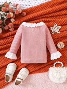 Bebé niña Top con encaje en contraste ribete con fruncido de manga amplia - Rosa - Ver 2