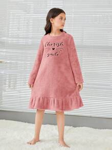 SHEIN 女大童刺繡字母&卡通圖案荷葉邊絨毛睡裙 - 藕粉色 - 查看 6