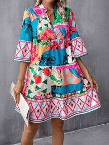 Breezaya Geo Print Flare Sleeve Ruffle Hem Smock Dress